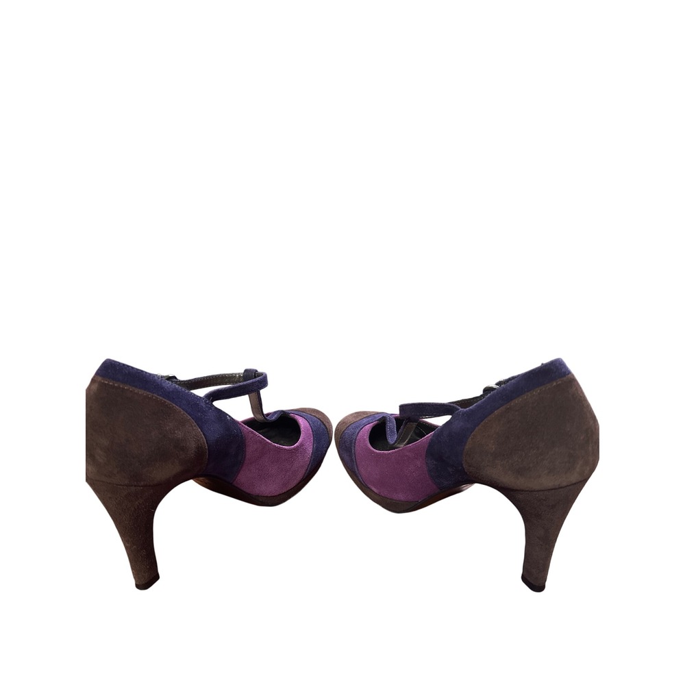 Boden Suede Leather T Strap High‎ Heel Pumps Brown Purple Retro Womens Shoes - Picture 3 of 6